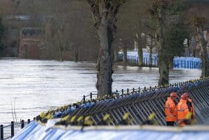 Temporary flood defences at Ironbridge - before they were overwhelmed